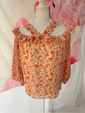 Cato Orange Floral Off-Shoulder Ruffle Top size Large
